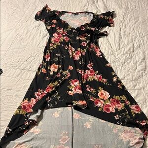 Floral Black Dress with Pink and Green Accents